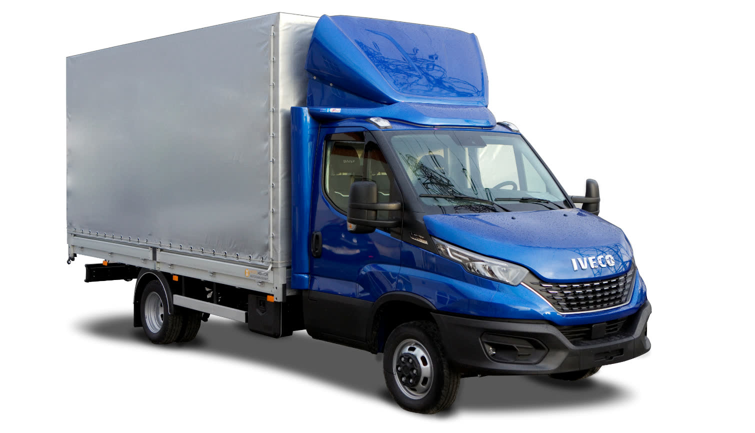 Szara skrzynia na niebieskim Iveco Daily | Moto Wektor